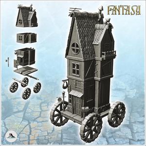 Fantasy medieval shop on four wooden wheels with sign and round window (3) - Medieval Gothic Feudal Old Archaic Saga 28mm 15mm RPG