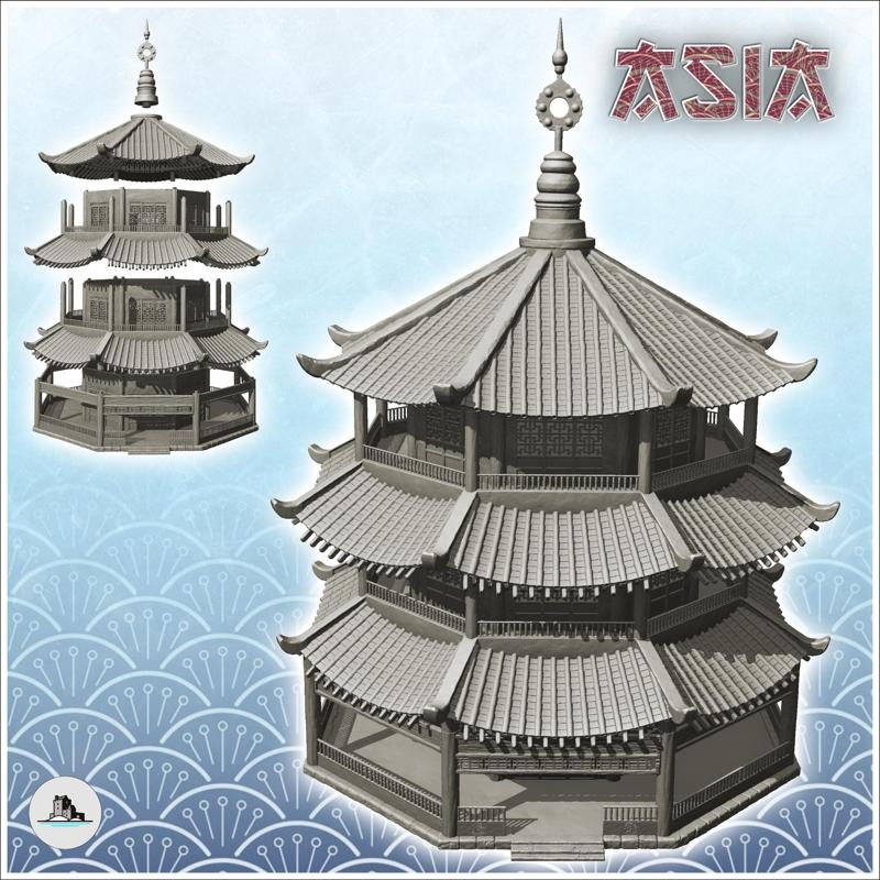Asian hexagonal pagoda with two floors (33) - Asia Terrain Clash of Katanas Tabletop RPG terrain China Korea