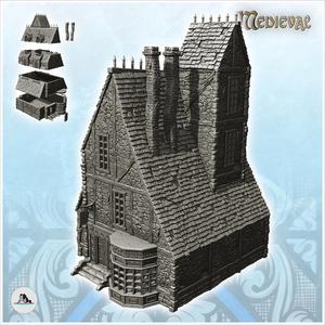 Medieval manor with English-style window, roof spikes and stone tower (19) - Medieval Gothic Feudal Old Archaic Saga 28mm 15mm