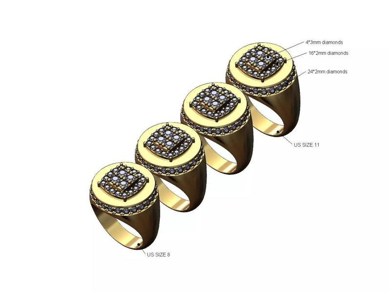 Square cluster top diamond side halo round signet US sizes 8to11