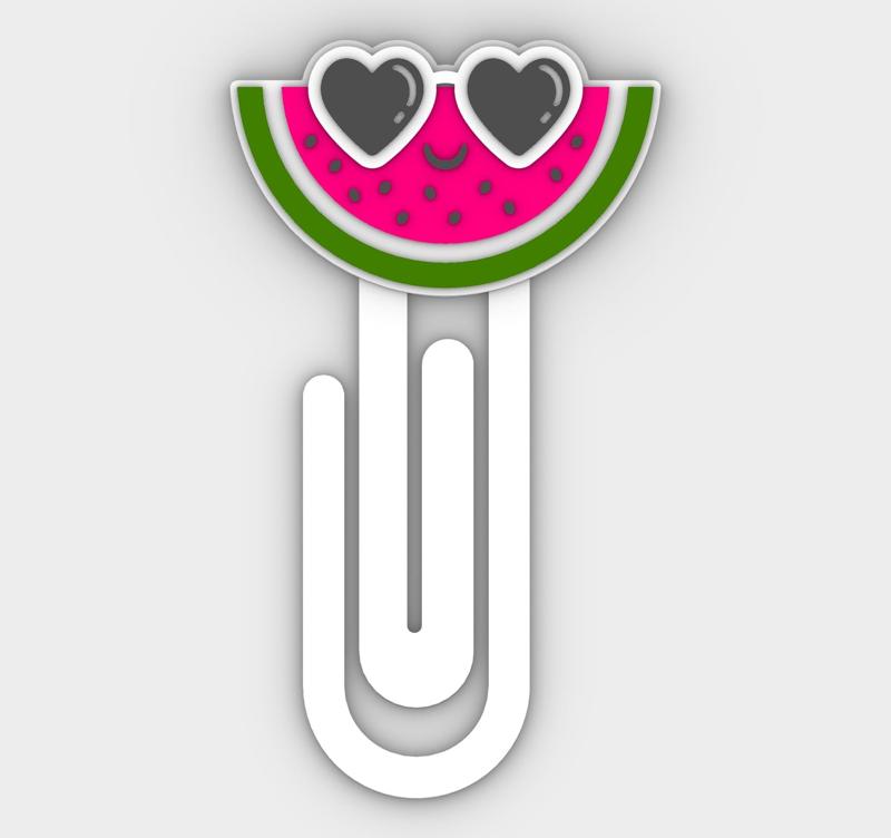 Paperclip Watermelon with heart-shaped glasses - bookmark - 3MF pre-painted , STL
