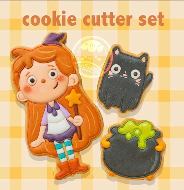 Halloween Set of 3-COOKIE CUTTERS - Cute Witch, Cauldron and Black cat