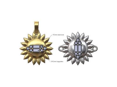 Sun baguette diamond cluster pendant and charm 3D print model