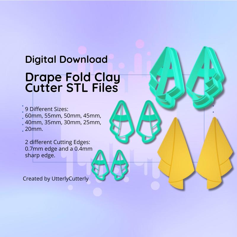 Clay Cutter STL File Drape Fold- Boho Earring Digital File Download- 9 sizes & 2 Cutter Versions, cookie cutter