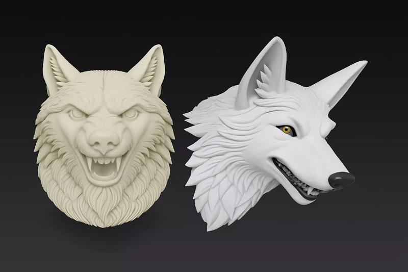 Twin Wolf Heads 3D Model - Stylized Aggressive - Calm
