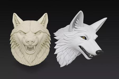 Twin Wolf Heads 3D Model - Stylized Aggressive - Calm