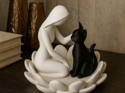 Serenity Lotus Sculpture – Woman & Cat Figurine