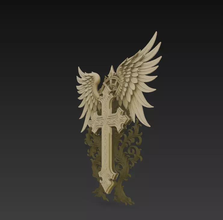 Winged Cross - Stylized Angelic Fantasy Sculpture