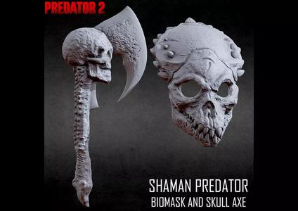 3D PRINTABLE SHAMAN PREDATOR BIOMASK AND SKULL AXE PREDATOR 2