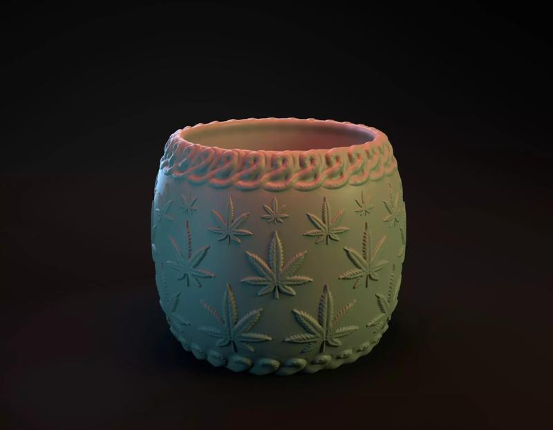 Pot with marijuana leaf decoration intended for 3D printing