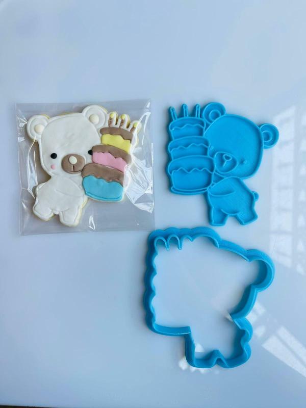 Bear-holding birthday cake Cookies, Fondant, and Clay Cutters, with a Stamp