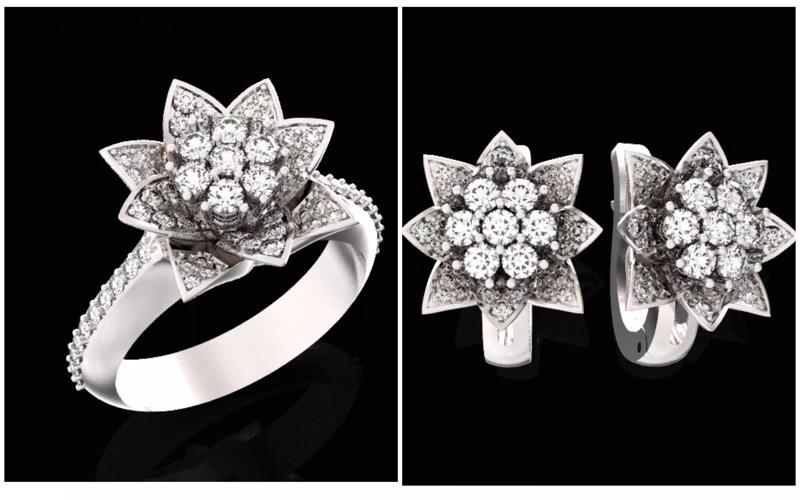 set Vintage Ring Flower lotus round cut side stone 618 3D Model Collection