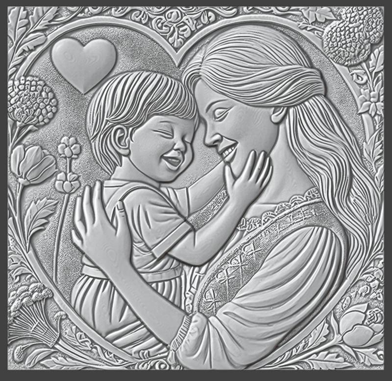 Blissful Bond: Mother and Child Bas Relief, Bas-Relief, 3d Print, CNC Stl Model