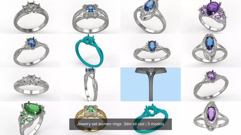 Jewelry set women rings  3dm stl cad 3D Model Collection