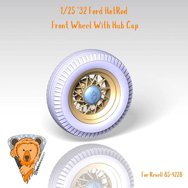 Revell '32 Ford hot rod spoked front and rear wheel 1/25 scale with hub cap V8 logo
