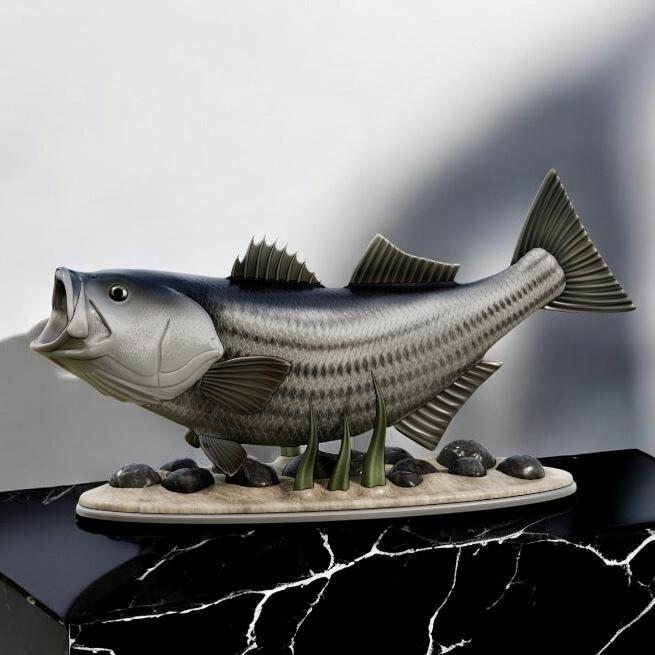 fish striped bass  (Morone saxatilis) in motion natural base detailed texture for 3d printing