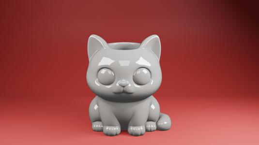 Chibi Cat Planter Vase – Glossy Kawaii Style STL for 3D Printing