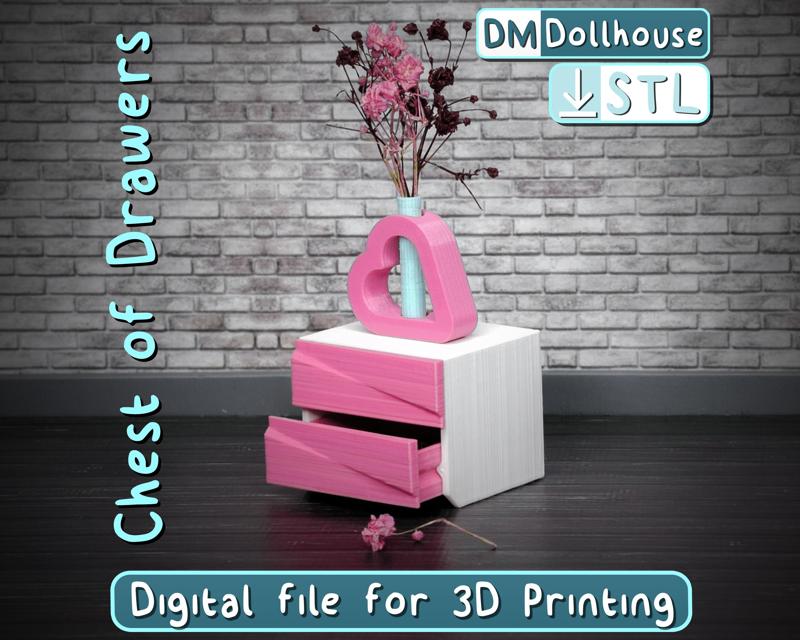 Miniature model two-drawer Bedside Dresser 1:12 Scale for Dollhouses. STL file Chest with Drawers - Dollhouse Furniture