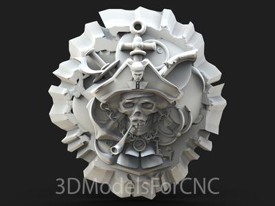 3D Model STL File for CNC Router Laser & 3D Printer Pirate Skull with Guns 2