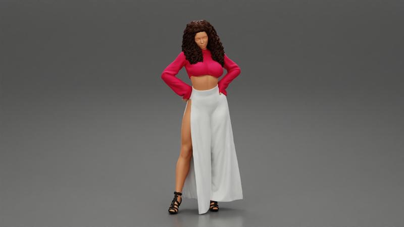 Women with curly hair wearing High Waist Split Wide Leg Pants 3DPrint Model