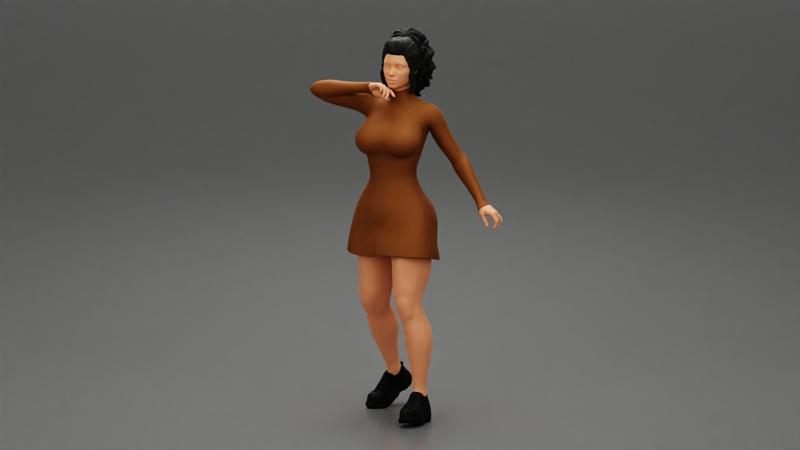 young woman in neck long sleeve dress