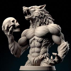 1791 Howling Werewolf with Skull - 3D Printed Statue, magic, dragon, serpent, mask, gnome, gorgon, venetian carnival, wild, fox, monster, cat, fair, witch, werewolf, horror, beast, snake, troll, skeleton dance