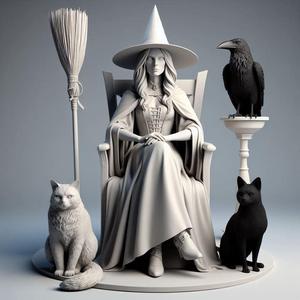 503 Ivory Witch on Chair with Monsters and Raven - 3D Figurine, magic, dragon, serpent, mask, gnome, gorgon, venetian carnival, wild, fox, monster, cat, fair, witch, werewolf, horror, beast, snake, troll, skeleton dance