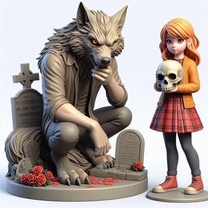 1293 Colorful 3D Model of Confused Werewolf and Brave Girl on Base, magic, creature, fantasy, wood, gnome, gorgon, warrior, wild, fox, monster, cat, dog, fair, witch, werewolf, horror, beast, gothic, troll