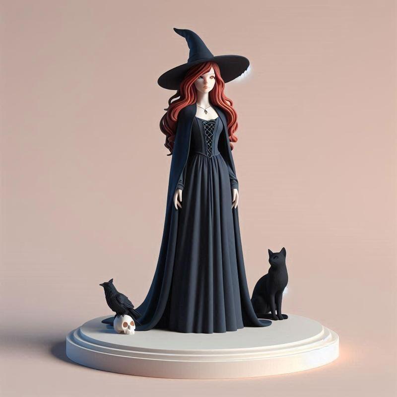 700 Red-Haired Witch with Cat and Raven - Full-Color 3D Model, magic, creature, sculpture, fantasy, wood, base, sword, warrior, wild, dragon, dnd, cat, monster, dog, godzilla, fair, totem, witch, werewolf