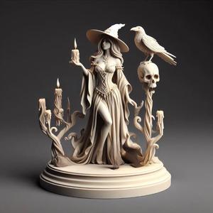 771 Elegant Witch with Candles, Raven and Human Skull - Full-Body Figurine, 3d model, statue, creature, magic, 3d print, collectible, cat, bear, witch, dinosaur, wooden, dragon, knight, viking
