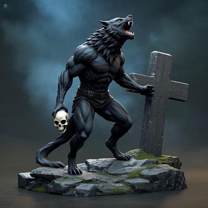 1767 COLORFUL Werewolf Howling with Skull - 3D Model, magic, fox, kung fu, shapeshifter, martial arts, fantasy, Pu Song Ling, warrior, mystic, legend, monster, fair, witch, werewolf, horror, beast, snake, troll, skeleton dance