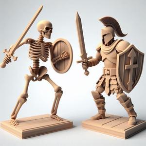 1740 Duel of Skeleton and Warrior - 3D-Printed Wooden Statues, fantasy, art, sculpture, model, animal, 3d model, statue, creature, magic, 3d print, collectible, cat, bear, witch, dinosaur, wooden, dragon, knight, viking