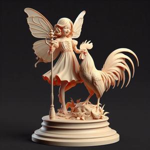 1406 Colorful 3D Model of a Fairy Playing with a Rooster on Base, magic, witch, werewolf, fantasy, wood, base, sword, warrior, wild, dnd, cat, monster, dog, fair, lion, lion, fox, faun, rooster, beast