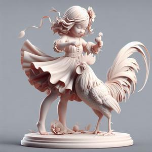 1407 Colorful 3D Model of a Fairy Playing with a Rooster on Base, magic, witch, werewolf, fantasy, wood, base, sword, warrior, wild, dnd, cat, monster, dog, fair, lion, lion, fox, faun, rooster, beast