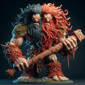 532 Two-Headed Roaring Norwegian Troll - 3D-Printed Ivory-Style Statue, fantasy, wood, base, sword, warrior, wild, low poly, dragon, dnd, cat, monster hunter, monster, dog, godzilla, fair, totem