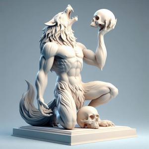 514 Ivory Werewolf Howling with Skull - 3D Model, magic, collectible, creature, dinosaur, sculpture, bear, troll, monkey, witch, club, werewolf, serpent, cat, fantasy, fair