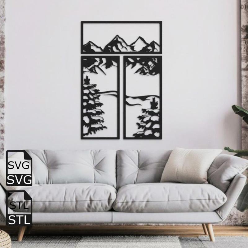 Window Mountain Tree 2D Wall Art STL SVG