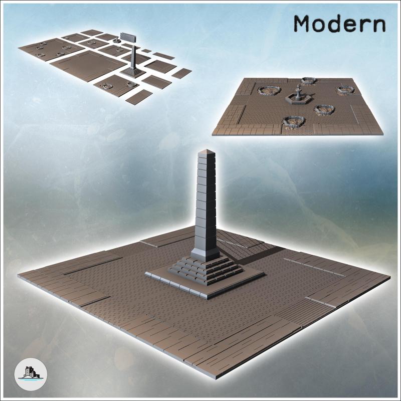 Large modular urban square with a central obelisk or fountain (intact and cratered versions) (23) - Modern WW2 WW1 World War Diaroma Wargaming RPG Mini Hobby