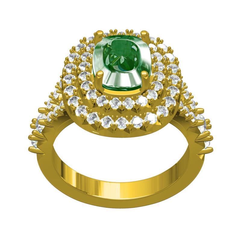 Green Cushion Stone Double Halo V Cut Setting Engagement Ring