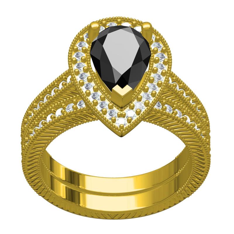 Black Pear Halo Filigree Engagement Ring with Band