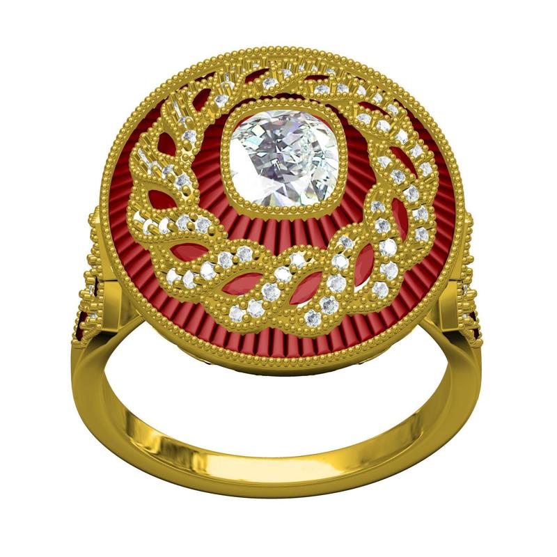 Filigree Art Deco Ruby Diamond Cushion Cut Diamond Ring