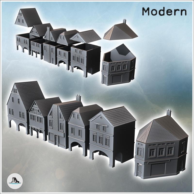 Set of six buildings with sheltered passages under colonnades and tiled walls (23) - Modern WW2 WW1 World War Diaroma Wargaming RPG Mini Hobby
