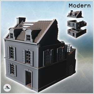 Two-story building with baroque-style roof windows and rear annex (ruined version) (35) - Modern WW2 WW1 World War Diaroma Wargaming RPG Mini Hobby