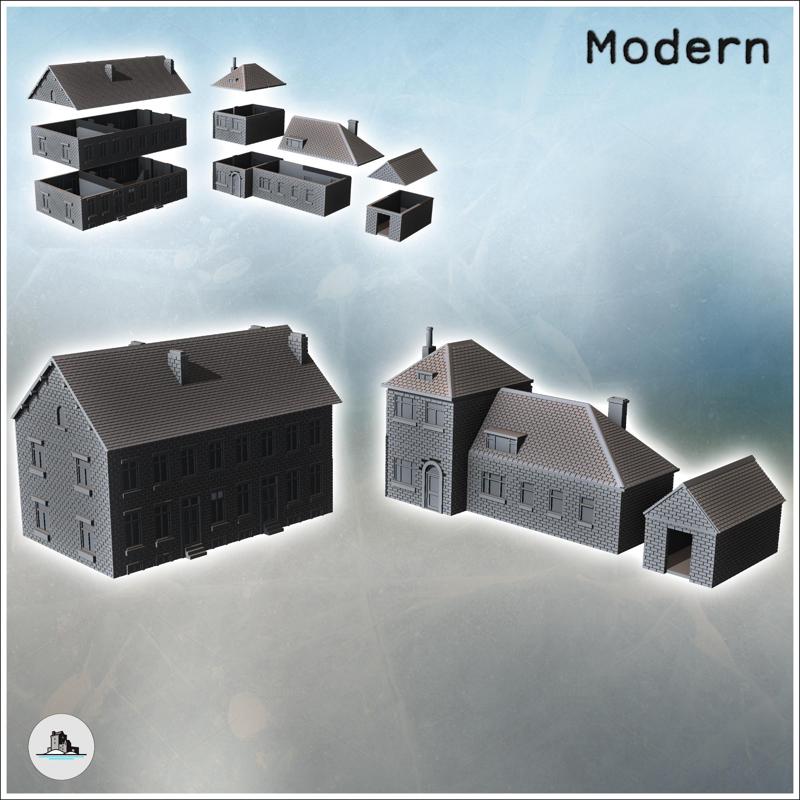 Set of modern houses with annex and fireplaces (6) - Modern WW2 WW1 World War Diaroma Wargaming RPG Mini Hobby