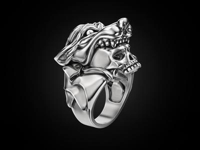 Human skull ring and wolf head