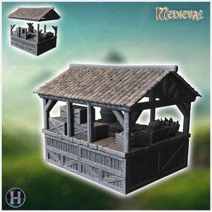 Wooden market stall with crates and baskets under a sloped roof, selling produce (11) - Medieval Gothic Feudal Old Archaic Saga 28mm 15mm RPG