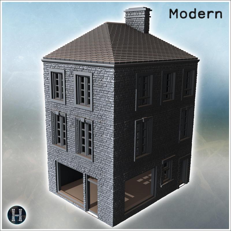 Narrow three-story building with a sloped roof and a single chimney (Carentan, Normandy 1944, France) (23) - Modern WW2 WW1 World War Diaroma Wargaming RPG Mini Hobby