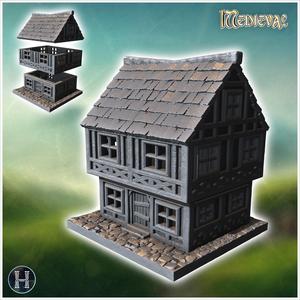 Two-story medieval house with timber framing, small windows, and cobblestone base (7) - Medieval Gothic Feudal Old Archaic Saga 28mm 15mm RPG