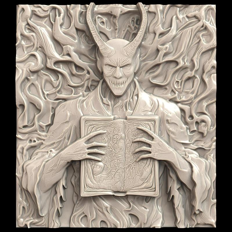 3D Model STL File for CNC Router/Laser & 3D Printer A Demonic Priest with a Square-shaped Book Made of Human Skin