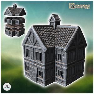 Medieval house with half-timbered walls, central fireplace and large wooden entrance door (25) - Medieval Gothic Feudal Old Archaic Saga 28mm 15mm RPG
